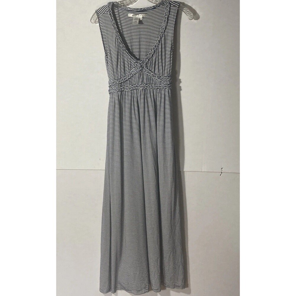 MAX STUDIO white blue striped deep v-neck braided jersey knit maxi dress S